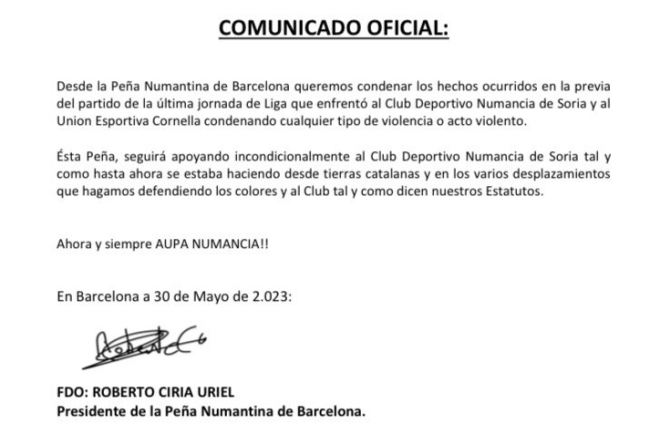 Comunicado oficial de la Peña Numantina de Barcelona.