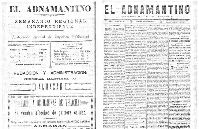 Contraportada y portada del periódico El Adnamantino. Año I, número 3, del 18 de octubre de 1917