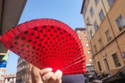 Una joven tira de abanico en la mañana de este sábado en la capital bajo un cielo de sol radiante.
