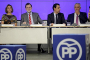 Mariano Rajoy, Maria Dolores de Cospedal, Javier Arenas , Andrea Levy y Fernando Martinez-Maillo este lunes durante la reunion del Comite Ejecutivo del Partido Popular.-