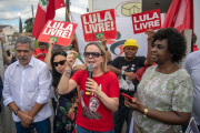 Brazilian Workers Party  PT  president and Parana state senator  Gleisi Hoffmann  speaks to supporters of Brazilian former president  2003-201-Mauro Pimentel   AFP