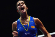 Carolina Marín celebra un punto.-AFP / JOHANNES EISELE