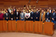 El presidente de la Diputación y los alcaldes de Garray, Soria y Renieblas posan junto a los portavoces parlamentarios y los miembros de Tierraquemada en las Cortes.-AYUNTAMIENTO