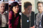 De izquierda a derecha, Mercedes Vallès, esposa de Fèlix Millet; Clara y Laila Millet, hijas del expresidente del Palau, y Mercedes Mir, esposa de Jordi Montull, este lunes, en la Ciutat de la Justícia.-