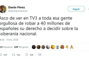 Tuit del alcalde de Gimenells y Pla de la Font (Lleida), Dante Pérez, durante la retransmisión del documental del programa Sense Ficció de TV3 sobre el referéndum del 1-O.-@DANTEPEREZBEREN (TWITTER)