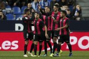 Los jugadores del Reus celebran uno de los goles de su victoria de la pasada jornada en Málaga.-LFP