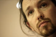 Pablo Iglesias, este miércoles, en la rueda de prensa que ofreció tras su reunión con Pedro Sánchez en el Congreso.-JOSÉ LUIS ROCA