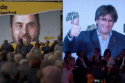 Oriol Junqueras y Carles Puigdemont, en mítines de campaña.-EL PERIÓDICO