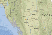Fotografía facilitada por el Servicio Geológico de los Estados Unidos muestra la localización (señalada con una estrella) del terremoto de 6,8 grados de magnitud en el centro de Birmania, hoy.-EFE/Usgs / Handout