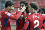 Los jugadores del Numancia celebran el último gol del equipo el pasado lunes ante el Málaga.-LUIS ÁNGEL TEJEDOR