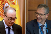 El gobernador del Banco de España saliente, Luís María Linde (i), junto al entrante, Pablo Hernández del Cos (d).-EL PERIÓDICO (ARCHIVO)