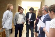(I a D) Pablo Fernández (Podemos); Luis Mariano Santos (UPL); José Sarrión (IU); Virgina Barcones (PSOE) y Luis Fuentes (Ciudadanos), antes de la reunión de la Mesa y Junta de Portavoces de las Cortes.-Ical