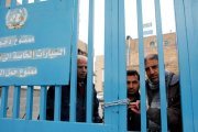 Un grupo de palestinos detrás de la valla de la oficina de la agencia de la ONU para los refugiados palestinos (UNRWA) durante una protesta en la ciudad de Cisjordania.-EFE / ABED AL HASHLAMOUN