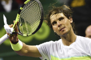 El tenista español Rafael Nadal celebra su victoria ante el ruso Andrey Kuznetsov tras su partido de cuartos de final del torneo de tenis de Doha-