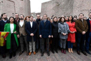 Dirigentes del PP, Cs y Vox, el pasado 10 de febrero, en la protesta contra el Gobierno de Sánchez, en la plaza Colón de Madrid.-AFP