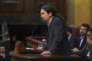 El líder de Unidas Podemos, Pablo Iglesias, en el debate de investidura-DAVID CASTRO