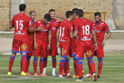 Los jugadores del Numancia celebran uno de los dos goles anotados ante Osasuna en La Arboleda.-Valentín Guisande
