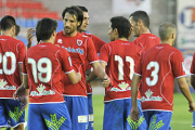 Los jugadores del Numancia celebran uno de los dos goles de ayer. / V. Guisande-