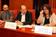 Los directores de Catalunya Ràdio, Saül Gordillo, y de TV-3, Vicent Sanchis, y la presidenta de la CCMA, Núria Llorach, en el Parlament.-ACN