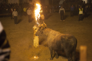 El toro con las bolas de fuego durante el festejo del Jubilo en Medinaceli (Soria).