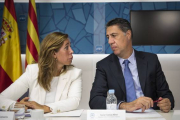 Alicia Sánchez-Camacho y Xavier García Albiol, en la sede del PPC.-CARLOS MONTAÑÉS
