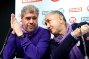 Los secretarios generales de CCOO, Unai Sordo, y UGT, Pepe Álvarez, durante su comparecencia en rueda de prensa antes de la manifestación con motivo del Primero de Mayo-CHEMA MOYA (EFE)