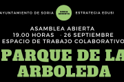 Detalle del cartel anunciador de la asamblea abierta de esta tarde sobre el parque de La Arboleda de Soria. HDS