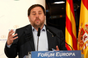 Oriol Junqueras, en el desayuno informativo Forum Europa, hoy, en Madrid.-JUAN MANUEL PRATS