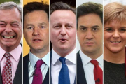 De izquierda a derecha, Nigel Farage, Nick Clegg, David Cameron, Ed Miliband y Nicola Sturgeon.-