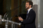 Pablo Casado, durante el desayuno informativo en el Casino de Madrid.-JOSÉ LUIS ROCA