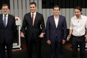 Mariano Rajoy , Pedro Sanchez, Pablo Iglesias y Albert Rivera, en el plató del debate a cuatro.-JOSE LUIS ROCA