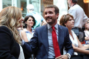 El presidente del PP, Pablo Casado, durante el acto de toma de posesión de Isabel Díaz Ayuso al frente del Gobierno de la Comunidad de Madrid.-EUROPA PRESS