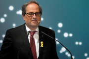 Quim Torra, este viernes, durante su intervención en un foro empresarial en La Seu dUrgell.-/ NANDO GALINDO (EFE)
