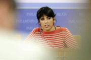 La líder de Podemos Andalucía, Teresa Rodríguez, este miércoles en una rueda de prensa.-Foto:   EFE / RAÚL CARO