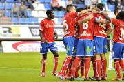 Los jugadores del Numancia celebran uno de los goles anotados en 2012. / D. Mayor-