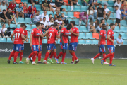 Los jugadores del Numancia celebrando uno de los goles marcados el el miércoles en el Helmántico ante el Salamanca.