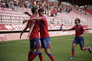 Los jugadores del Numancia celebrando el que era el momentáneo 1-0 obra de Ribeiro.