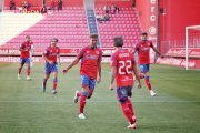 Los jugadores del Numancia celebran el tanto de Jony en el minuto 18 que sirvió para lograr la victoria ante el Fabril.