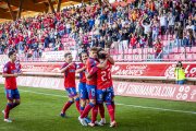 Los jugadores del Numancia celebran uno de los goles anotados esta temporada en Los Pajaritos.