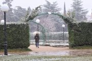 Una persona pasea por la Dehesa en la mañana del domingo, con la nieve cuajando sólo en superficies puntuales.