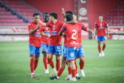 Los jugadores del CD Numancia celebrando uno de los goles ante el Zaragoza.