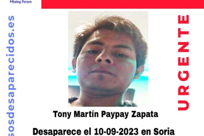 Cartel de SOS Desaparecidos de Tony Martín Paypay Zapata, visto por última vez en Soria.