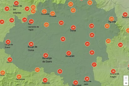 Previsión de temperaturas de la Aemet para este jueves en Soria en la franja de las 17 horas.