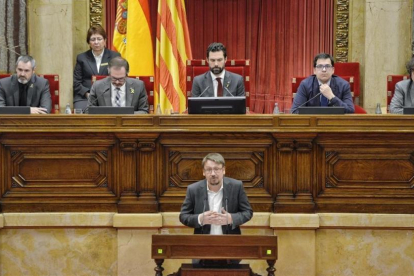 El presidente de Catalunya en Comú, Xavier Domenech, en su interevención de esta mañana-FERRAN SENDRA
