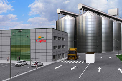 Recreación virtual de lo que será el edificio administrativo y  el área de almacenamiento de los silos. / INTES SORIA-