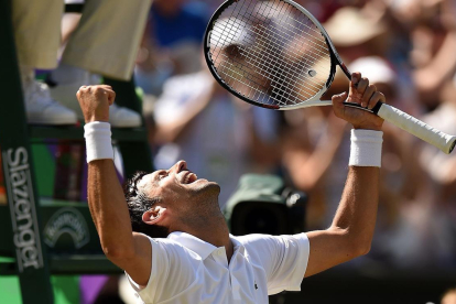 Djokovic celebra, a pie de pista, su triunfo en Wimbledon /-OLI SCARFF (AFP)