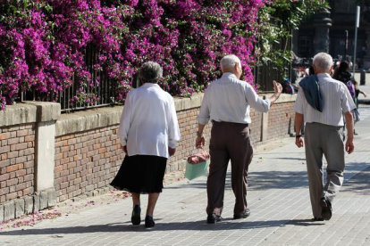Unos pensionistas caminan por el paseo de Sant Joan de Barcelona.-RICARD CUGAT