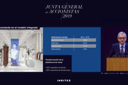 Pablo Isla explica la apertura de tiendas de Inditex en el pasado ejercicio durante la junta de accionistas.-