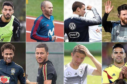Luis Suárez, Iniesta, Griezmann, Messi, Neymar, Hazard, Müller y Falcao, estrellas de sus selecciones en el Mundial.-EL PERIÓDICO