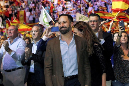 El presidente de Vox  Santiago Abascal durante el acto que la formacion celebra hoy en el Palacio de Vistalegre de Madrid.-